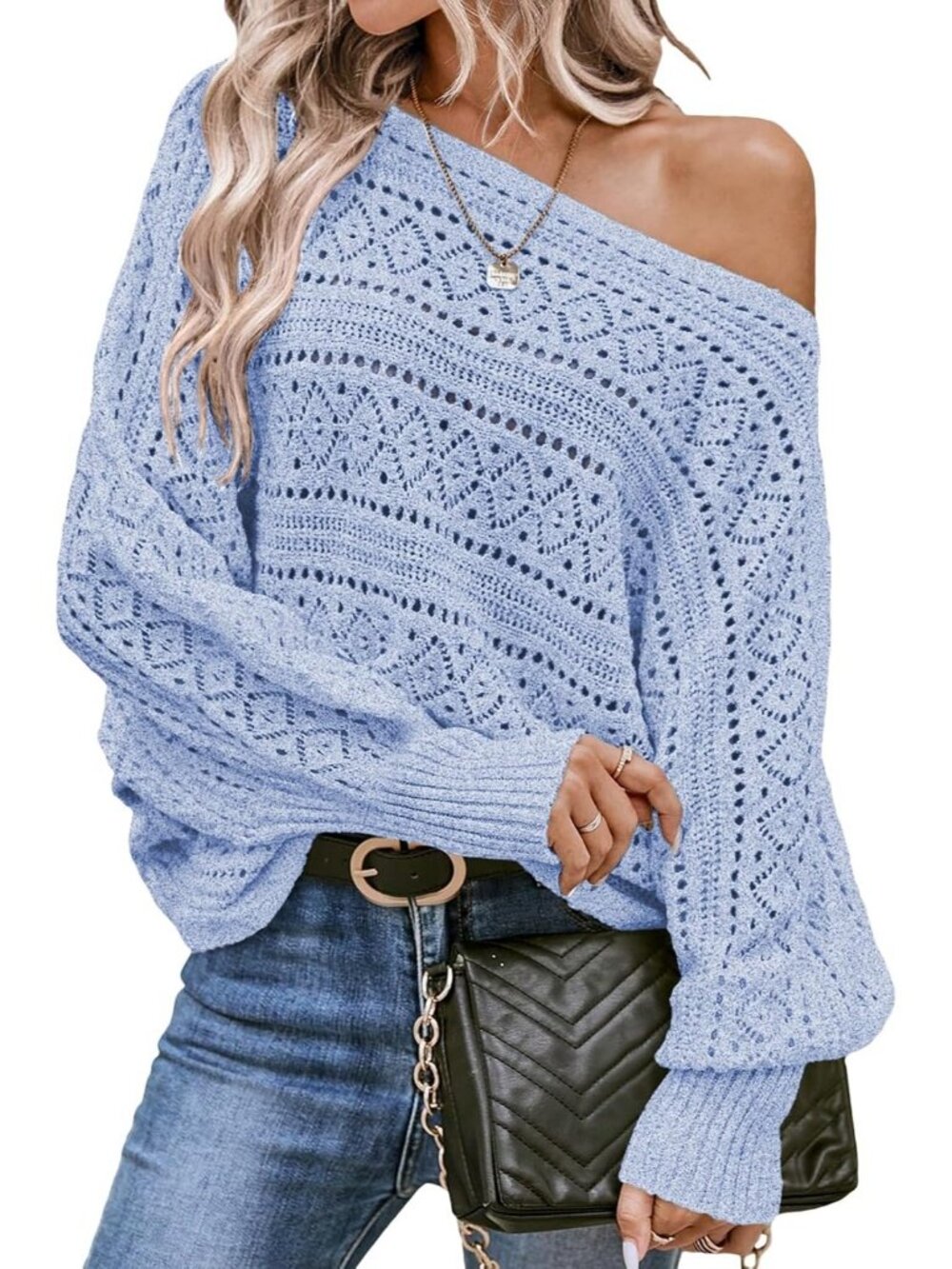 Women's Sky Blue Crochet Boat Neck Long Batwing Sleeve Loose Fashion Sweaters